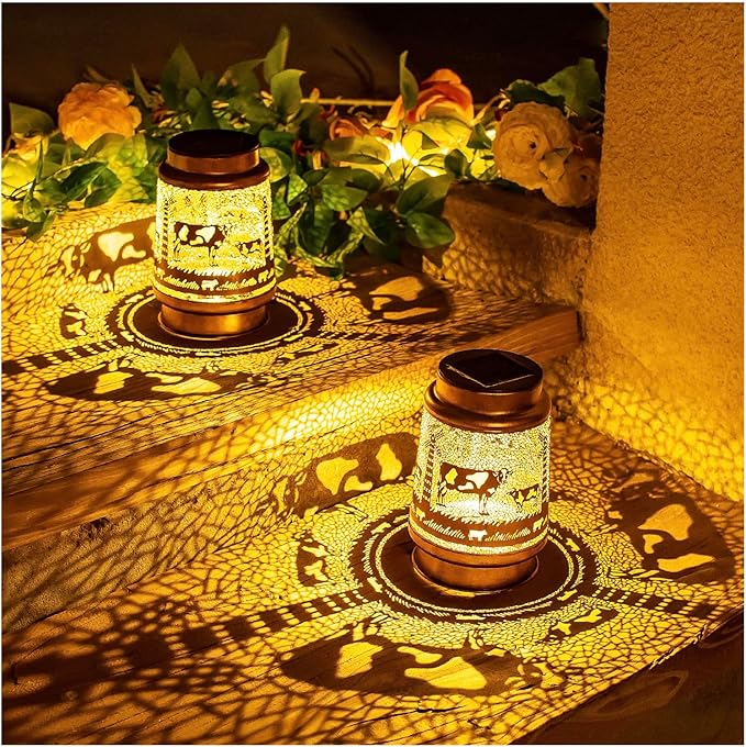 Cow Solar Lanterns Outdoor Waterproof Hanging Solar Lights Cow Gifts for Women Men Metal Decorative LED Cow Lanterns for Garden Decor,Yard,Patio,Lawn,Tabletop,Pathway,Landscape, Brown