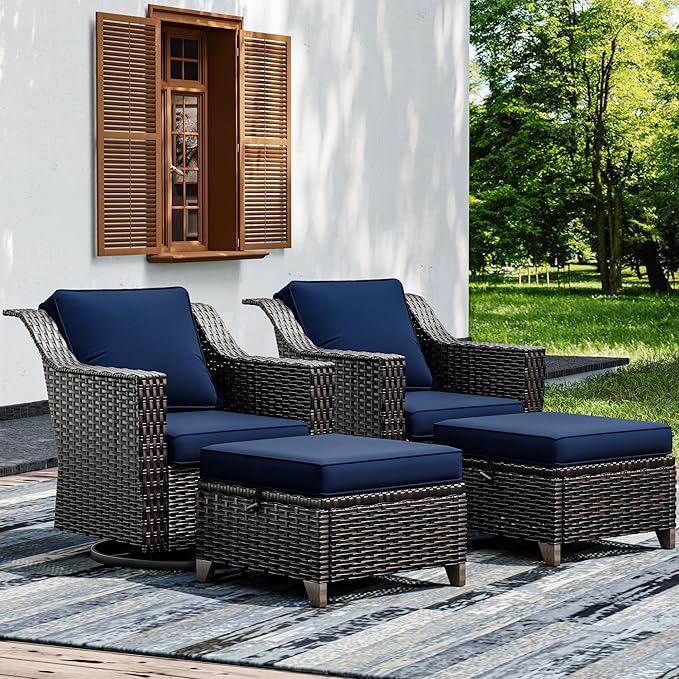 Joyside Wicker Patio Furniture Sets, 4 Pieces Upgraded Large Size Outdoor Furniture with Swivel Rocking Patio Chairs and Outdoor Ottoman, Thick Cushions, Wide Armrest