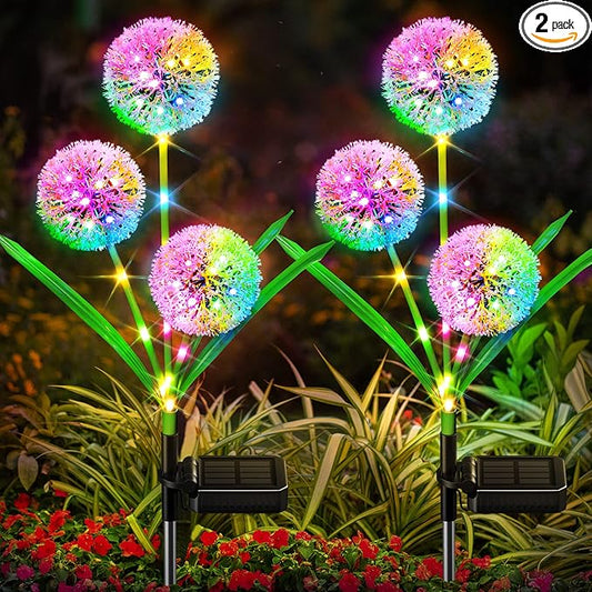 Solar Lights Outdoor Garden Decor, 2 Pack Upgraded Solar Dandelion Garden Light Decorative with 36 LED - IP65 Waterproof Colorful SolarLights Outdoor for Yard, Lawn, Pathway and Wedding