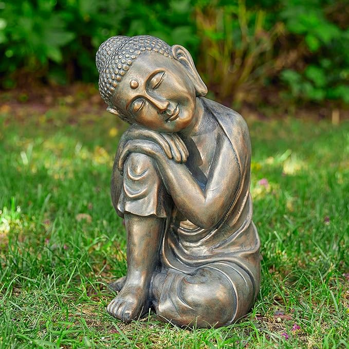 Glitzhome MGO Faux Bronze Resting Buddha Garden Statue Indoor and Outdoor Sculpture Decoration, 18" H