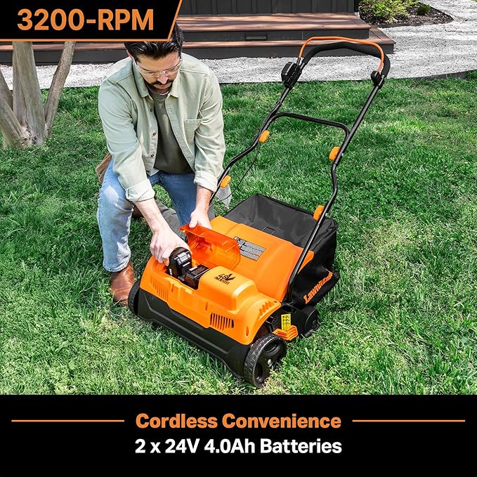 LawnMaster 48V MAX Brushless 16” Cordless Scarifier & Dethatcher with Removable Thatch Collection Bag Quick-Fold – CLGVB4816