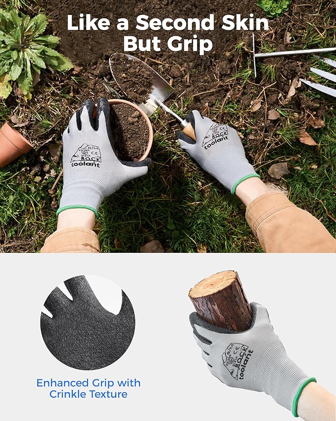 toolant Crinkle Latex Work Gloves Bulk, Rubber Coated Safety Work Gloves for Men and Women, 12 Pairs for Construction, Gardening, Warehouse (Black, Medium)