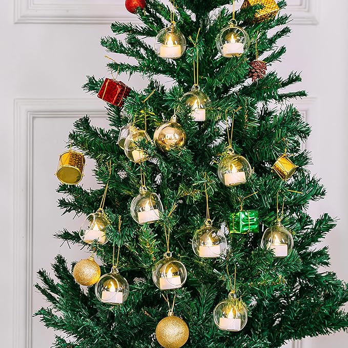 Nuptio 24 Pcs Hanging Glass Tealight Holder Globe 2.36" Diameter, Tea Light Candle Holders Wedding Christmas Halloween Home DIY Gifts, Garden Hanging Ornaments Outdoor Candle Holders