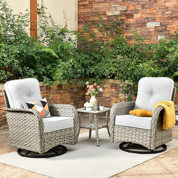 Outdoor Swivel Rocker Patio Chairs with Side Table,Wicker Swivel Rocking Chair Set of 2,3PCS High Back Wicker Patio Furniture Set Glider Chairs for Porch, Balcony, Deck,Yard,Grey