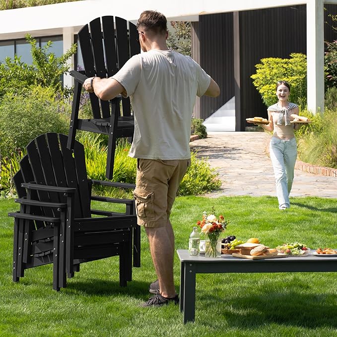 Stackable Adirondack Chair, HDPE Outdoor Patio Chair - Durable and Space Saving, Suitable for Porches, Lawns or Garden, Black