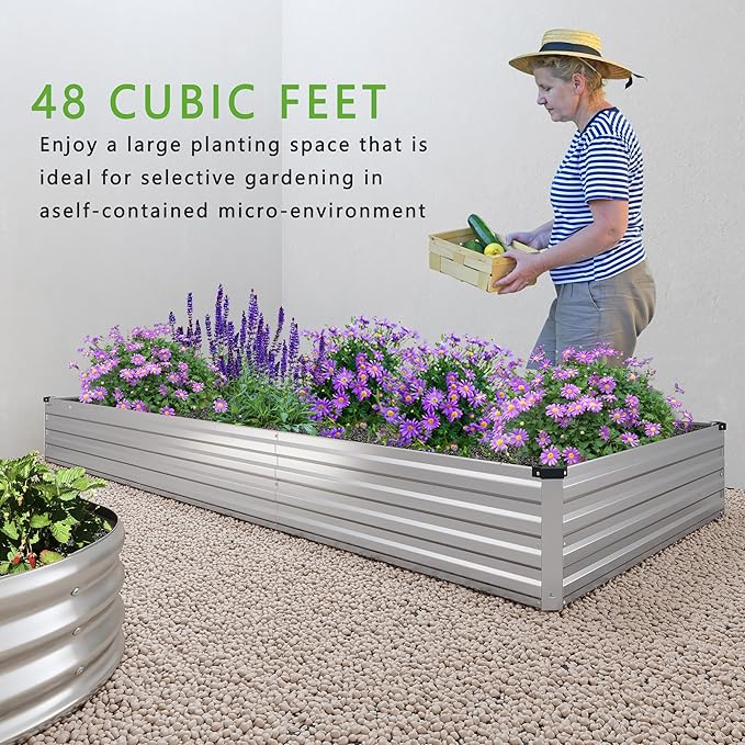 2PCS 12x4x1FT Galvanized Raised Garden Bed Kit,Vegetable Boxes-Rectangle Metal Flower Box,Large Planter Raised Beds Outdoor Garden for Planting,Fruit,Herb-Sliver