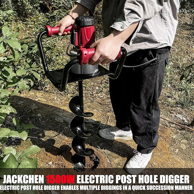 JACKCHEN 1500W Electric Post Hole Digger with Reverse, Double Handle Earth Auger with Storage Bag, 2×6"and 2×4" Auger Bit Earth Auger Drill, Ideal for Installing Fence Post, Drilling, Planting Trees