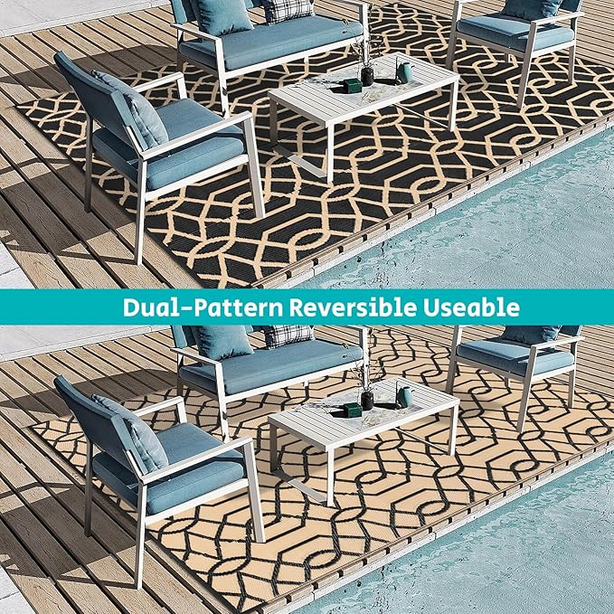 HEBE Outdoor Rug Waterproof 6x9, Reversible Plastic Straw Rug RV Camping Rug, Indoor Outdoor Patio Mat Clearance, Outside Carpet for Porch,Deck,Camper,Balcony,Backyard,Picnic