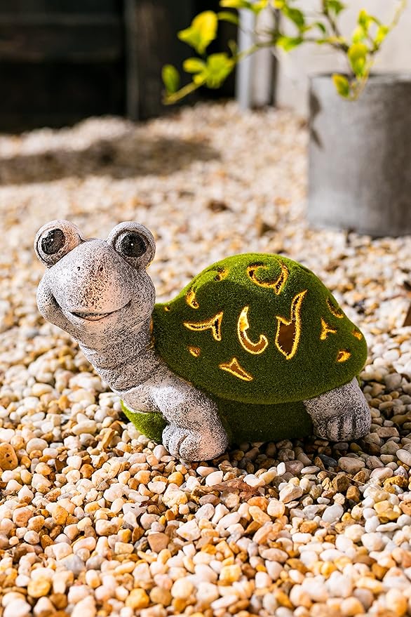 VP Home Lazy Turtle with Flocked Shell Solar Powered LED Outdoor Decor Garden Light - Great Addition for Your Garden, Solar Powered Light, Suitable for Outside Patio Lawn Gifts