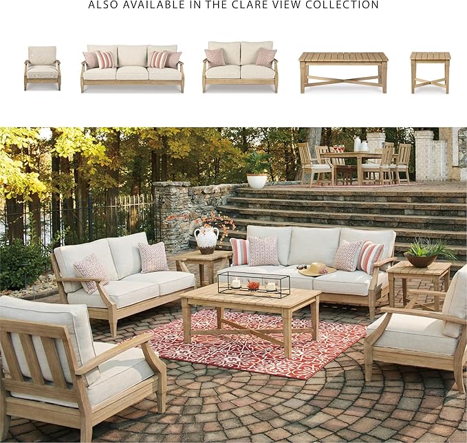 Signature Design by Ashley Clare View Outdoor Eucalyptus Wood Single Cushioned Lounge Chair, Beige