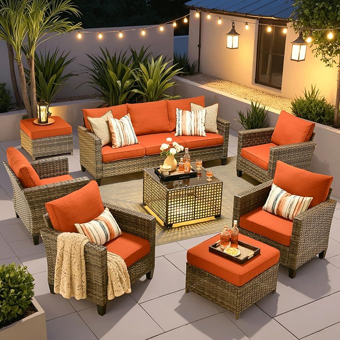 ovios 8 Pieces Patio Furniture Set Outdoor Sofa Couch with Solar Lights Table Comfy Cushions, Modern Deep Seat Wicker Rattan Conversation Set for Porch Deck, Orange Red