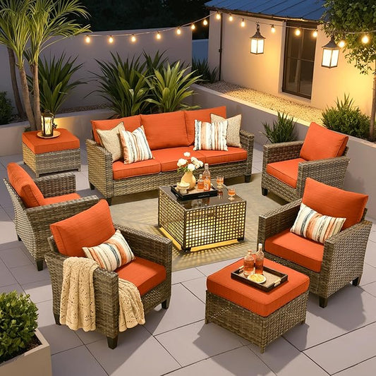 ovios 8 Pieces Patio Furniture Set Outdoor Sofa Couch with Solar Lights Table Comfy Cushions, Modern Deep Seat Wicker Rattan Conversation Set for Porch Deck, Orange Red