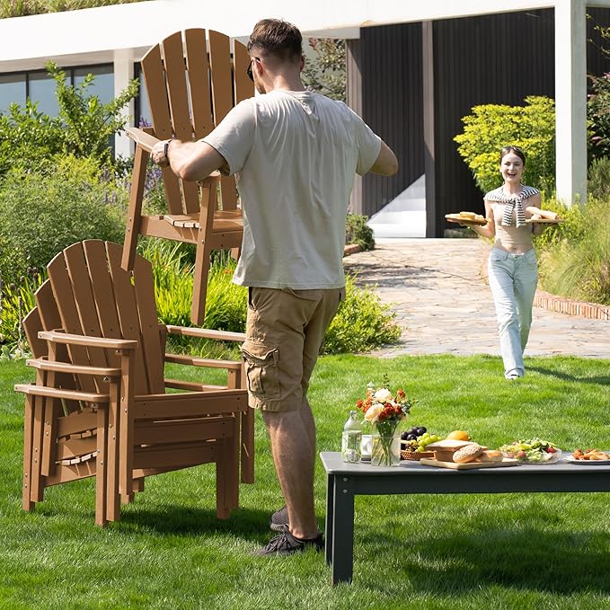 Stackable Adirondack Chair Set of 2, HDPE Outdoor Patio Chair - Durable and Space Saving, Suitable for Porches, Lawns or Garden, Teak