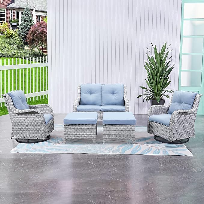 HUMMUH 5 Pieces Outdoor Furniture Patio Furniture Set Wicker Swivel Patio Chairs with 2 Seater Outdoor Sectional Sofa/Patio Loveseat with Ottomans(Light Grey/Light Blue)