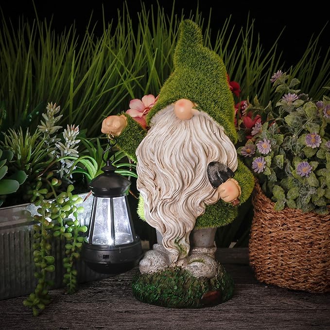 TERESA'S COLLECTIONS Christmas Outdoor Statue for Home, Resin Gnome Decorations with Solar Outdoor Lights for Garden Decor,Green Garden Sculptures & Statues for Front Patio Lawn, Gifts for Mom,8"