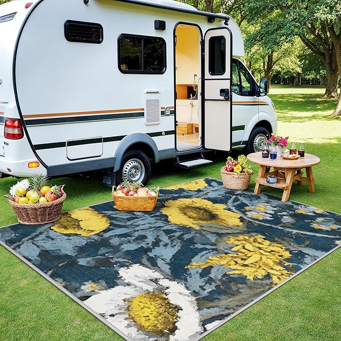 GENIMO Indoor Outdoor Area Rug 6' X 9' Waterproof, Washable Patio Rug Non Shedding, Easy Cleaning Floral Outdoor Carpet for Living Room, Bedroom, Dining Room, Balcony, Backyard, Deck, RV, Blue Yellow