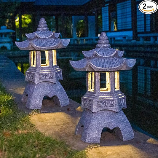 DIBIEECN 2 Pack Japanese Pagoda Garden Statues, Solar Lights for Patio Outdoor, Zen Landscape Lighting, Asian Outdoor Decor for Patio Yard Backyard, Gifts for Women Mom Grandmon