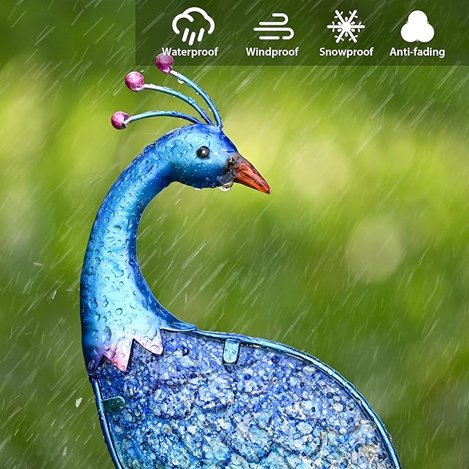 TERESA'S COLLECTIONS Garden Decor Blue Peacock with Solar Outdoor Lights, 40" Glass Yard Art for Outside, Decorative Metal Stake Outdoor Decor for Lawn Decorations, Patio, Gifts for Mom