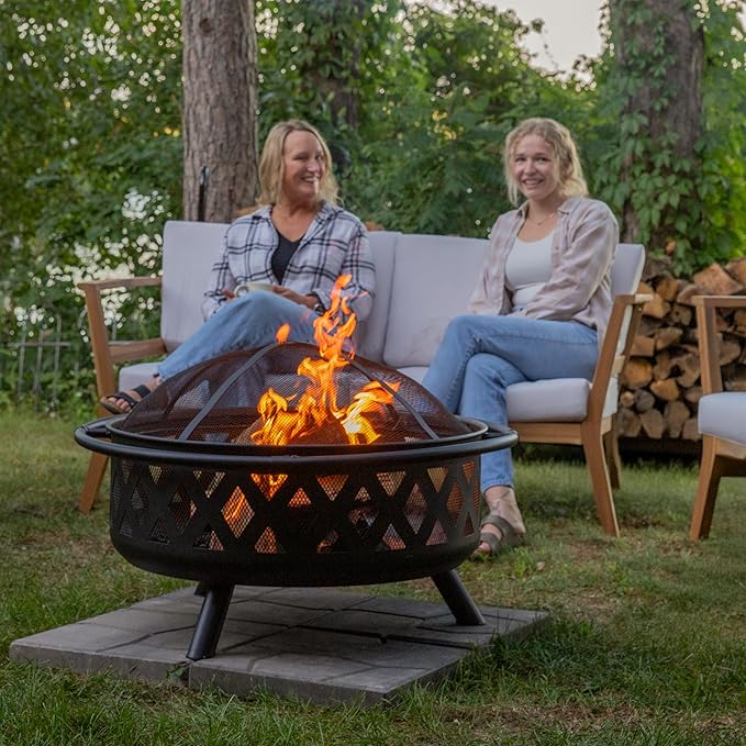 Sunnydaze Crossweave Outdoor Fire Pit - Wood-Burning Fire Pit for Outside with Spark Screen, Poker and Round Cover - 36-Inch - Black