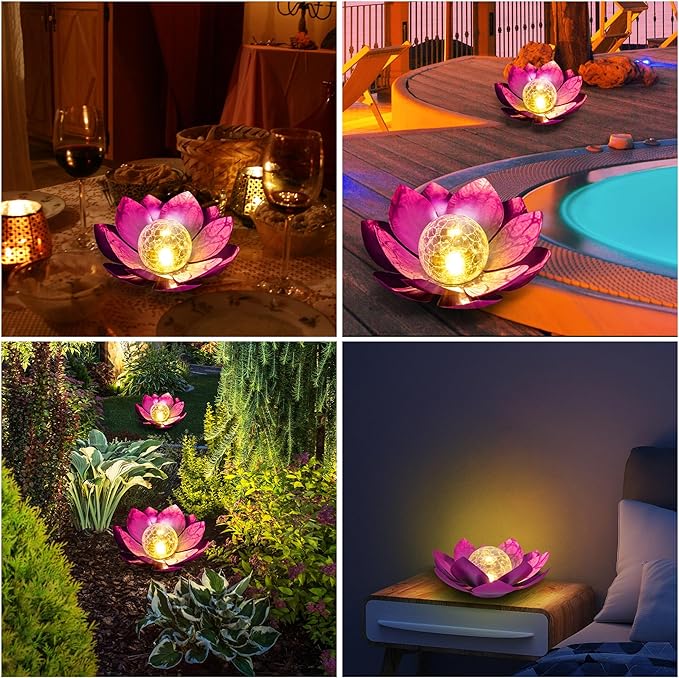 HPC Decor Solar Lights Outdoor Garden Decor - Art Crackle Globe Glass Lotus Decoration, Waterproof LED Metal Flower Lights for Outdoor Decor on Patio,Lawn,Walkway,Table,Perfect Gifts (Purple 11in)