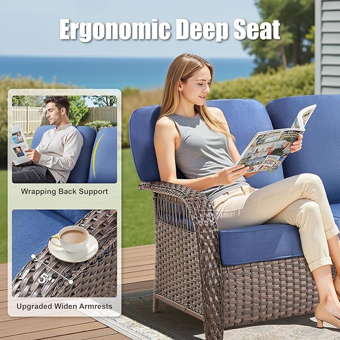 Patio Furniture Set, All Weather 3 Pieces Wicker Outdoor Small Sectional Set, 5" Thick Rattan Conversation Set with 3-seat Sofa and Ottoman for Lawn, Garden, Blue/Brown Wicker