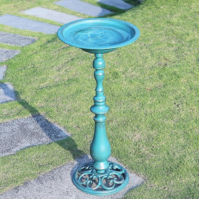 26.6”H Cast Iron Pedestal Bird Bath，Metal Birdbaths Bird Feeder Seed Tray for Garden Yard Decor -Blue.