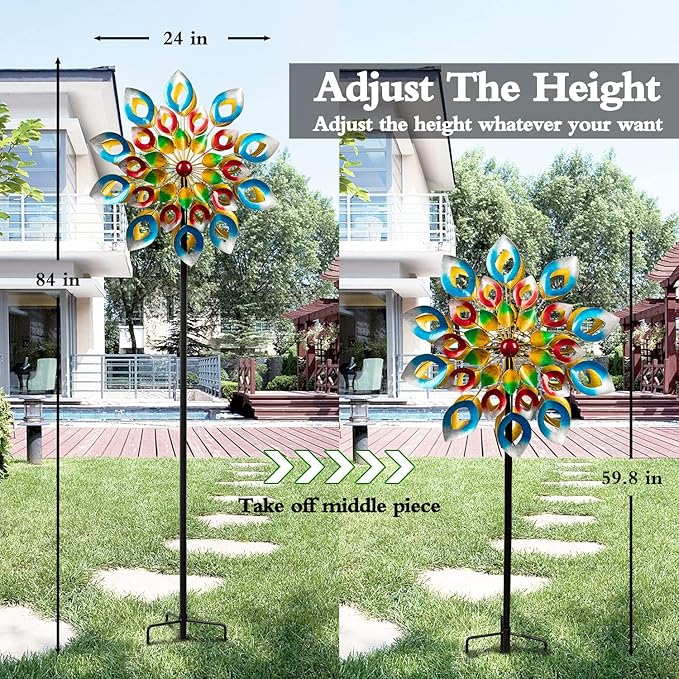 Wind Spinners, Large Metal Windmill 24" Dia 84" High, Outdoor Wind Sculpture & Spinners for Yard Garden Decor(Double Sided)