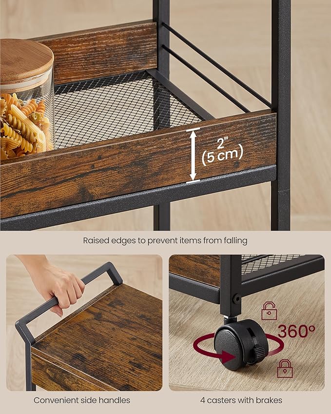 VASAGLE Storage Cart, 3-Tier Rolling Utility Cart with Table Top, Handles, 4 Lockable Casters, Top Drawer, Mesh Shelves, for Kitchen, Bathroom, Bedroom, Rustic Brown and Ink Black ULRC048K01