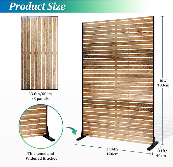 FENCY Outdoor Privacy Screen, 72" H×47" W Metal Patio Privacy Screen, Freestanding Decorative for Deck Balcony Patio Natural Wood Color