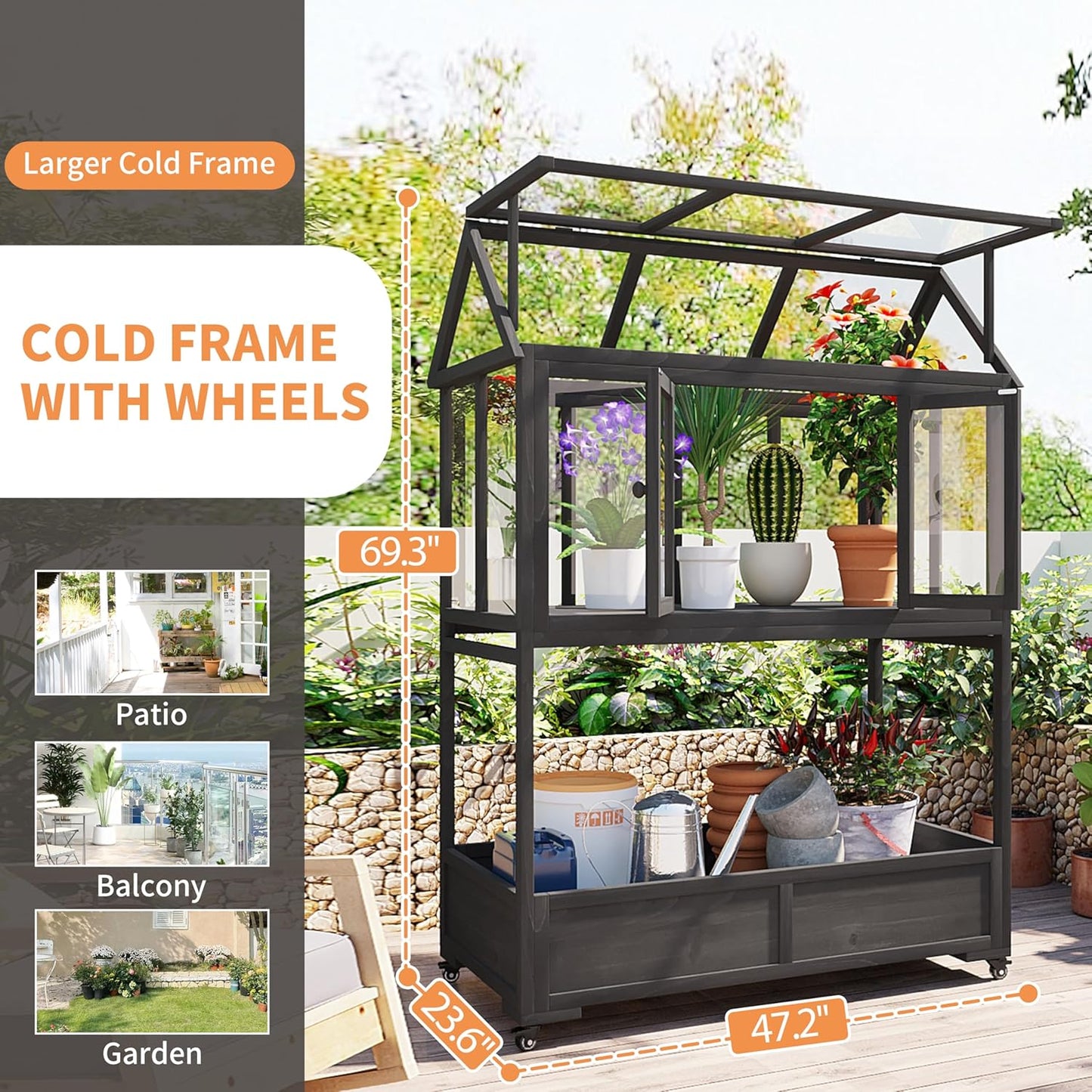 Portable Wooden Cold Frame Greenhouse with Wheels - 47" Mini Greenhouse with Adjustable Roof, Storage Box & Polycarbonate Panels - Plant Protector for Seedlings, Herbs & Winter Gardening (Black)