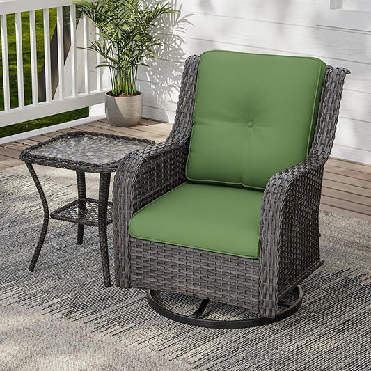 2 Pieces Outdoor Swivel Rocker Patio Chairs Set - Outdoor Wicker Patio Conversation Sets with 1 Side Table, Olefin Fabric Cushions Suitable for Backyard Deck and Porch, Green