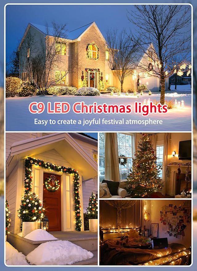 Vintage C9 LED Christmas Lights Outdoor, 25 Feet C9 String Lights with 25 Shatterproof Matte Bulbs, Connectable Waterproof Lights for Holiday Party Roofline Backyard Garden Patio, Warm White