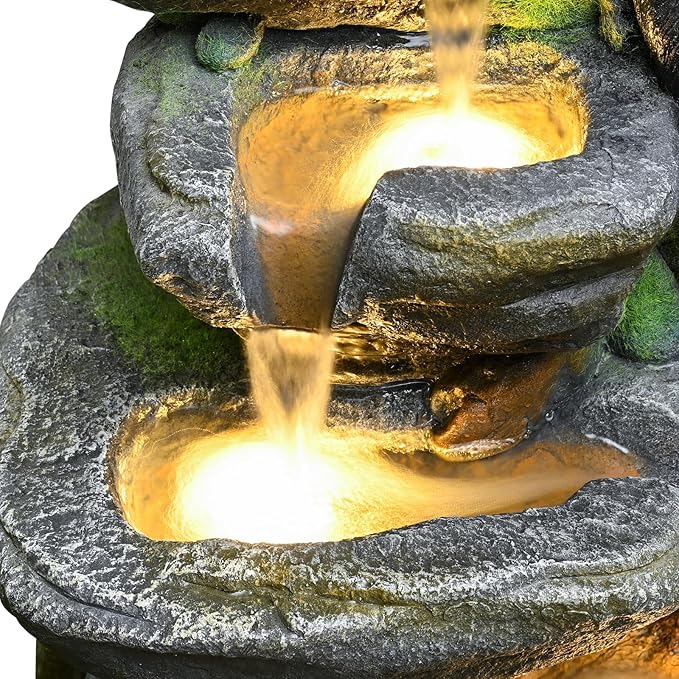 39" Outdoor Garden Water Fountain with Lights 5 Tiers Cascading Large Waterfall Floor Standing Fountain for Patio, Backyard, Deck, Porch and Home Art Decor