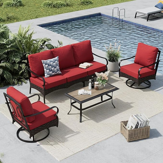 MFSTUDIO 4 Pieces Outdoor Patio Furniture Set, Metal Outdoor Conversation Set, Rattan Wicker Patio Sectional with 2 x Swivel Single Sofa, 3-Seat Sofa, 1 x Coffee Table, Red