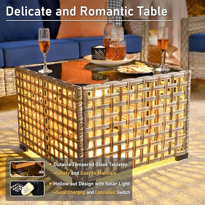 HOOOWOOO Outdoor Sectional Furniture Set,8 Pieces Wicker Patio Conversation Sets,L Shape All Weather Outside Couch Sofa Set with Swivel Chairs Solar Light Table Ottoman,Black