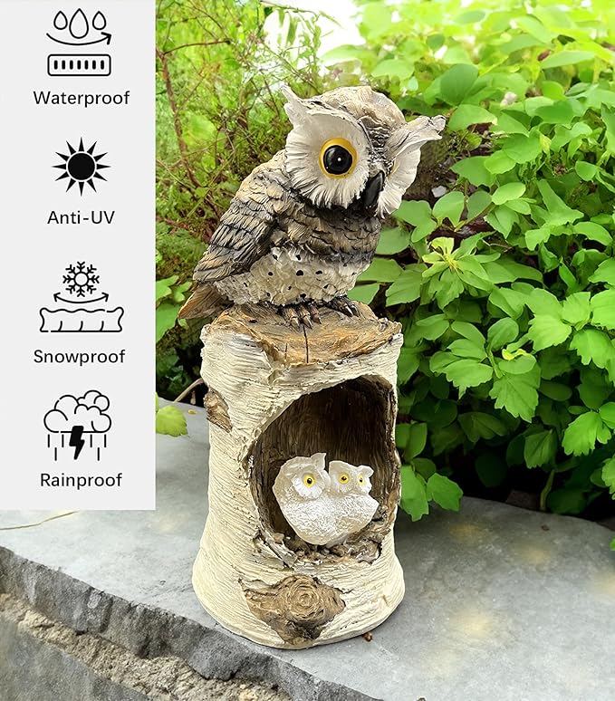 coolboy Owl Outdoor Garden Statue,Waterproof LED Solar Lights Outdoor Decor,Resin Owl Ornament,Solar Lantern Indoor Figurines for Patio Table Decor for Ourdoor Garden