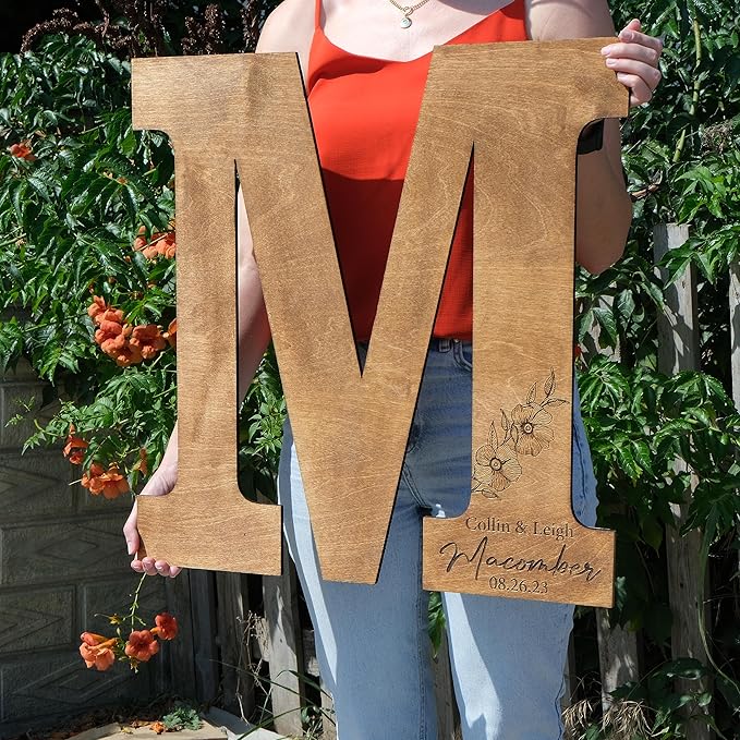 Wedding Guest Book Sign with Pen, Personalized Wooden Letter Monogram, Custom Last Name and Date, Laser Engraved Guestbook Alternative for Couple, Large Sizes Options