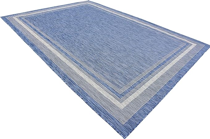 Unique Loom Outdoor Border Collection Area Rug - Soft Border (8' x 11' 4" Rectangle, Blue/ Ivory)