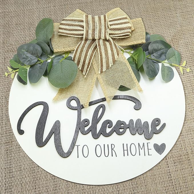 3D Welcome Sign for Front Door |Home/Farmhouse Porch Décor Wooden Hanging Sign with Artificial Leaves and Rustic Beads | Christmas Classroom |12" Round|White