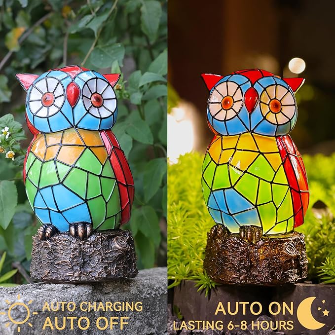 Solar Owl Garden Statues,Owl Decor for Outdoor,Resin Colorful Owls Figurine with Solar Light for Patio,Balcony,Yard,Lawn Ornament,Perfect Garden Gift