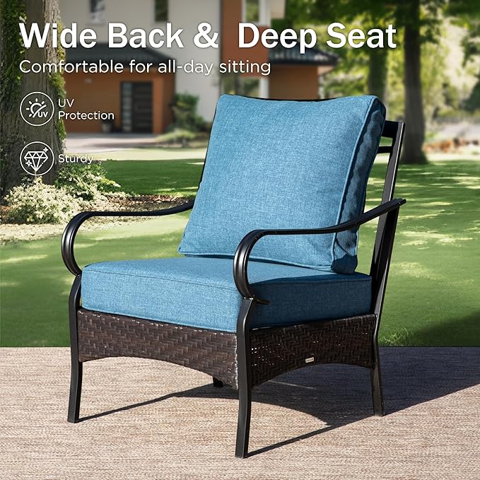 Patio Furniture Set with 56" Fire Pit Table, Premium Outdoor Wicker Metal Frame Furniture with Upgraded Waterproof Thick Cushions for Porch, Poolside, Deck, and Yard （4 Pieces,Navy