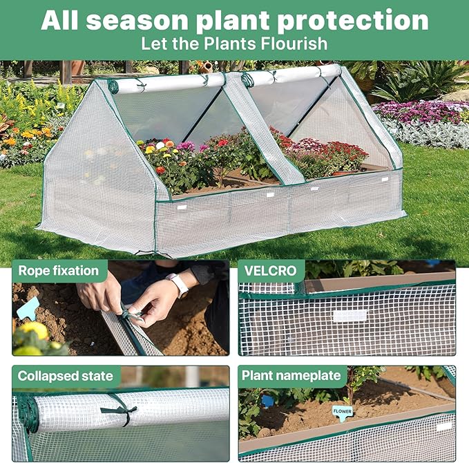 Metal Raised Garden Bed with Greenhouse 2 Large Zipper Windows Dual Use,Galvanized Steel Raised Garden Bed for Gardening Vegetables Fruit,20pcs T-Types Tags & 1 Pair of Gloves,6x3x1FT,Brown