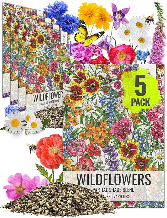 Seed Needs Partial Shade Wildflower Seed Mix for Planting | 5 Packs (1 Ounce Each) 14+ Varieties Open Pollinated Annual & Perennial Species | Flower Seeds Shade Tolerant | Bulk