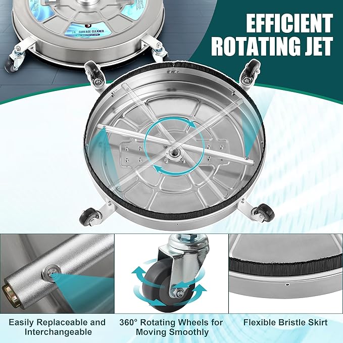 Tool Daily 24" Pressure Washer Surface Cleaner Attachment with Dual Handles, Stainless Steel Driveway Cleaner for Power Washer with Wheels, Pressure Wash Concrete, 4500 PSI