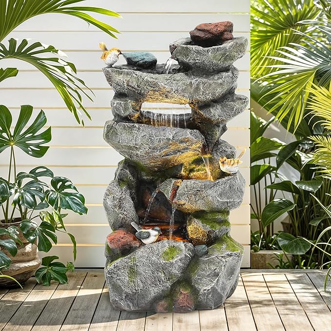 31.5" H Multi-Tier Rock Outdoor Water Fountain with LED Lights and Pump, Garden Fountain Waterfall for Patio, Porch, or Yard