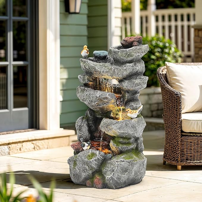 31.5" H Multi-Tier Rock Outdoor Water Fountain with LED Lights and Pump, Garden Fountain Waterfall for Patio, Porch, or Yard