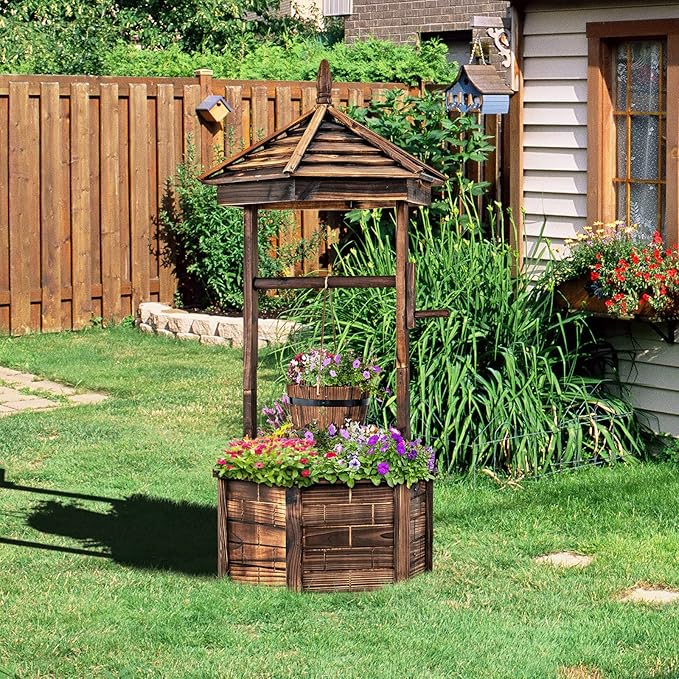 Giantex Rustic Wooden Wishing Well Planter with Hanging Bucket, Roof Shadow, Reinforced Rod, Wishing Wells for Outdoors Backyard Patio Garden Outside Decor