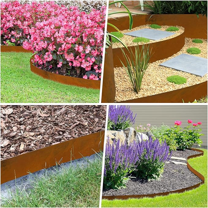 Cor Ten Steel Landscape Edging, 8Hx40L-Inch Metal Garden Edging, 6-Pack Hammer in Landscape Edging with 6 Clips and Gloves, Rustic