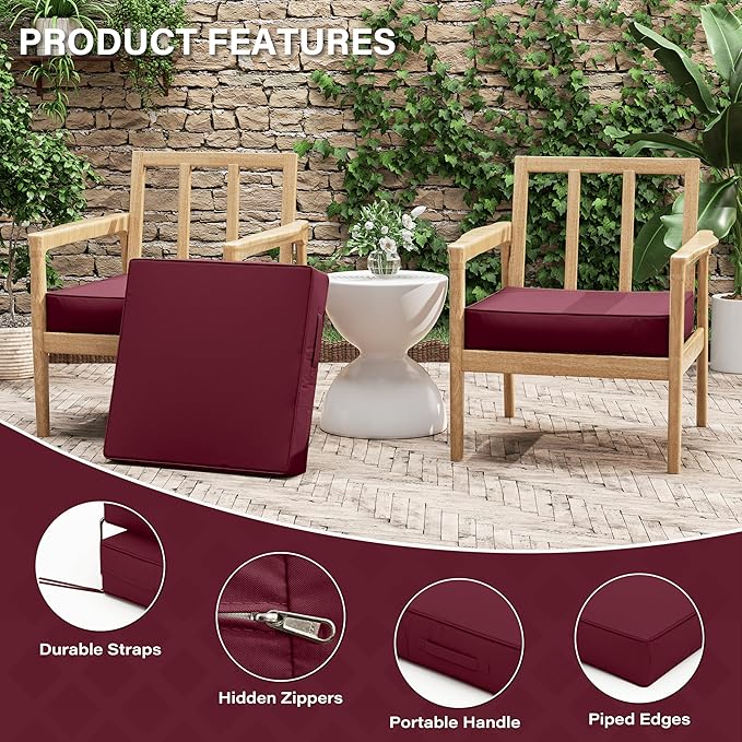 Patio Chair Cushions 22 X 22 X 4 Inch Waterproof Outdoor Seat Cushions for Patio Furniture, Outdoor Sofa Couch Pads with Ties & Handle, Set of 2, Burgundy