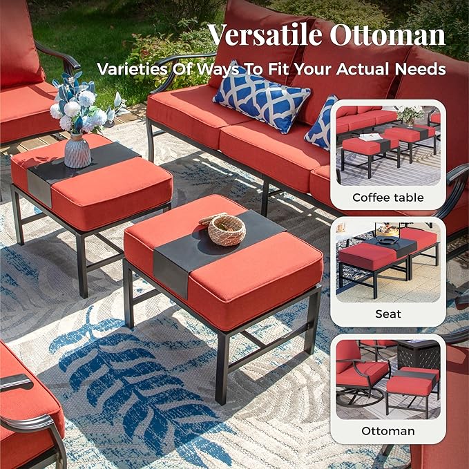 Patio Furniture Set 6 pcs, Outdoor Patio Furniture, 3-Seat Sofa, 2 Rocking Chairs, 2 Ottomans, Coffee Table and 5.75" Extra Thick Cushion, Conversation Set for Backyard Deck, Red